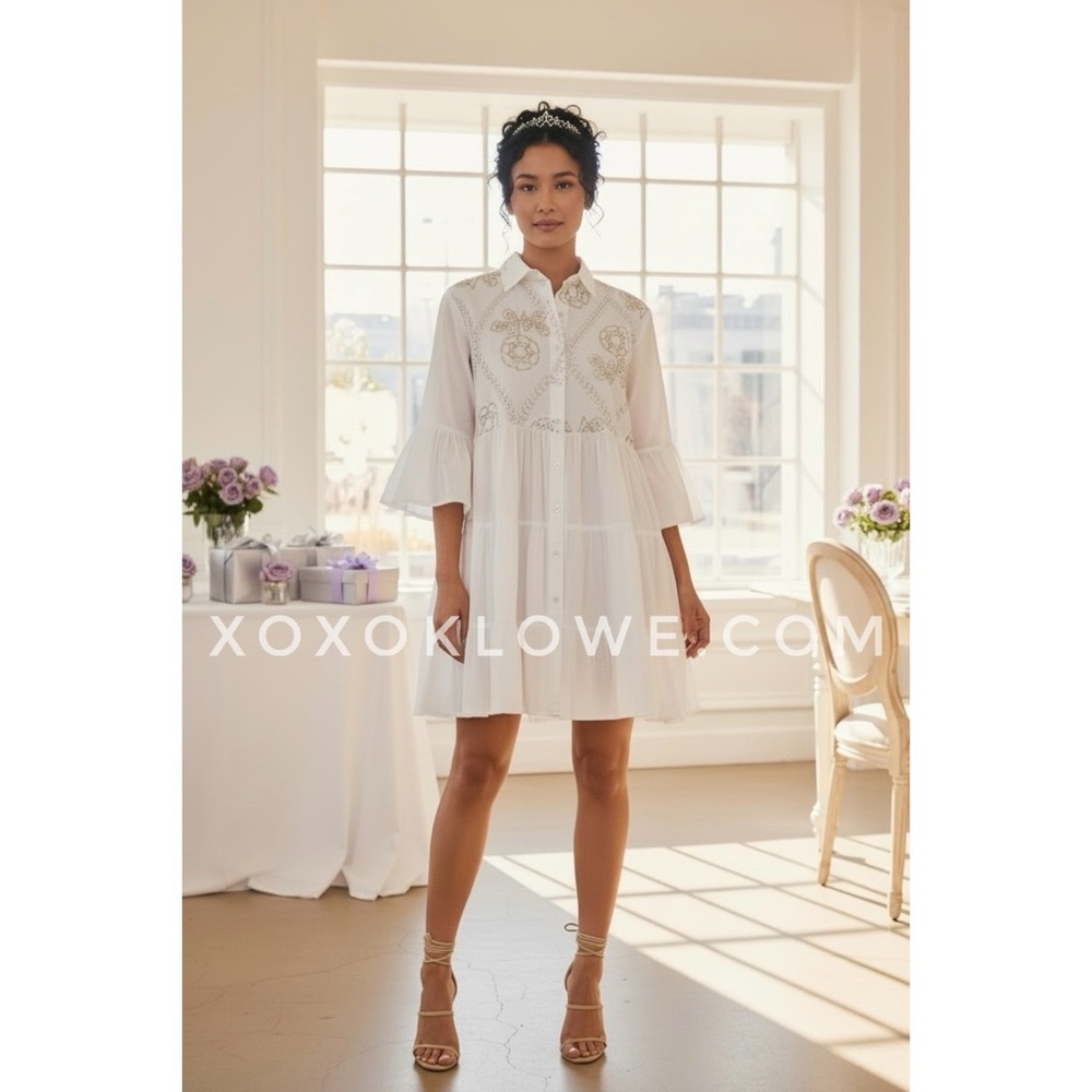 POL White Embroidered Tiered Mini Dress | Ruffle Sleeve Button Front Collared - Picture 8 of 12